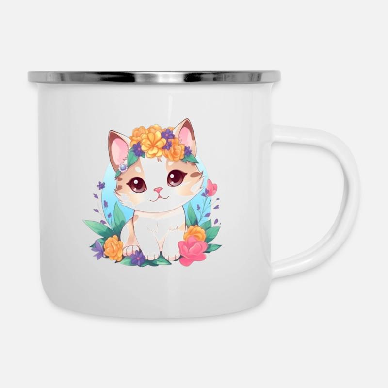niedliche katze mit blumen - Emaille-Tasse - Weiß
