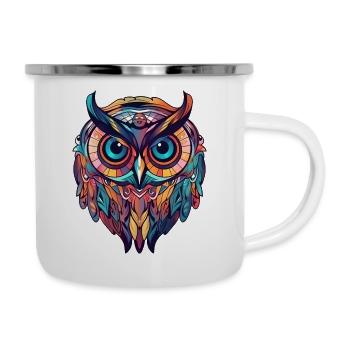 Eule bunt Boho Cartoon Style, geometrisch - Emaille-Tasse - Weiß - Rechts