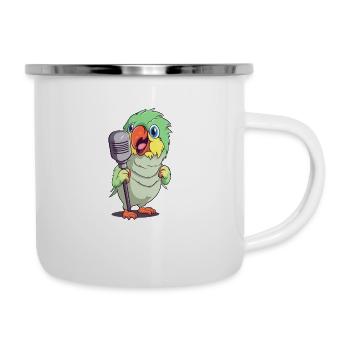 Comic Vogel rockt das Mikrofon - Bunte - Emaille-Tasse - Weiß - Rechts