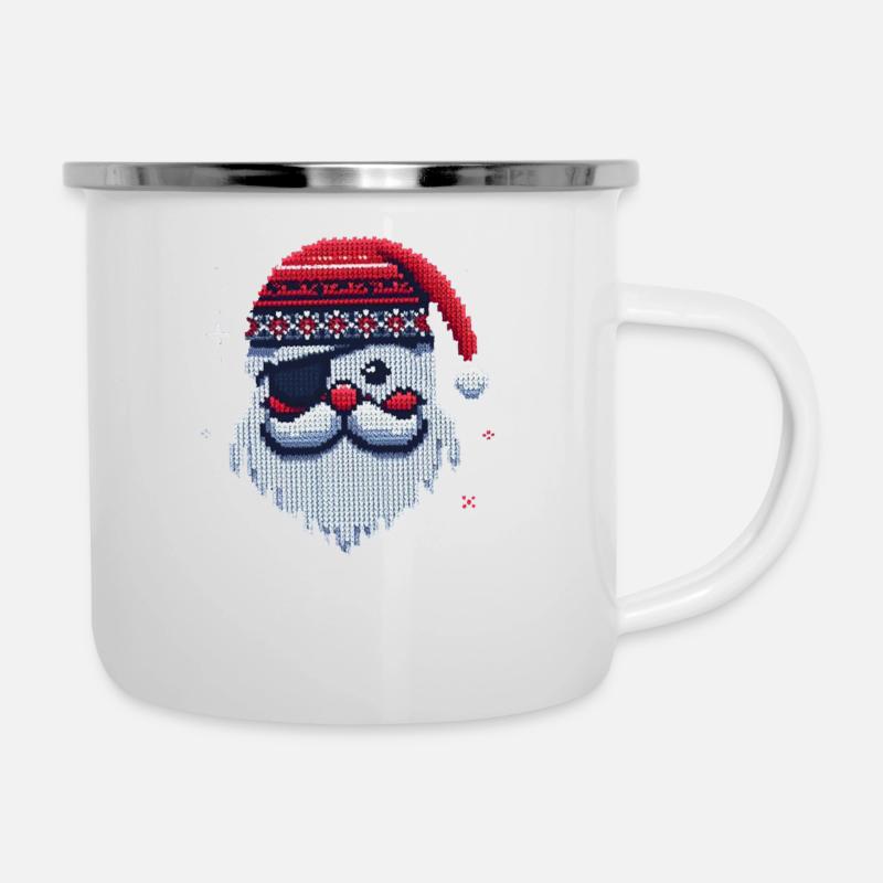Weihnachtsmann mit Augenklappe Strickmuster - Emaille-Tasse - Weiß