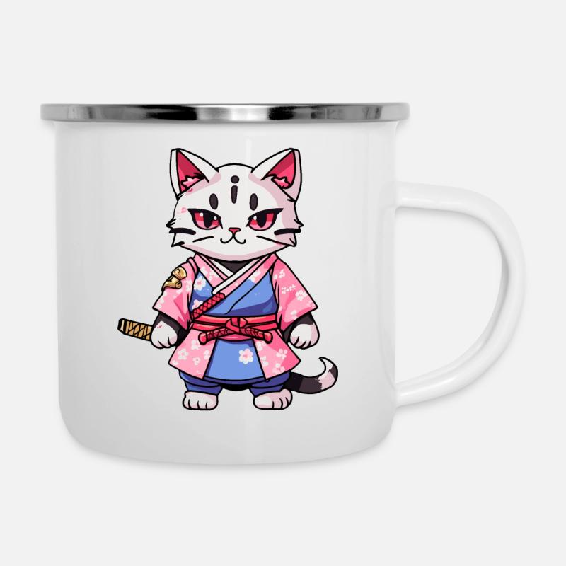 Samurai Katze & Kirschblüten #14 - Emaille-Tasse - Weiß