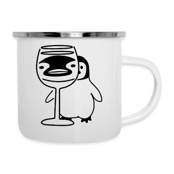 Pinguin hinter Weinglas - Emaille-Tasse - Weiß - Rechts