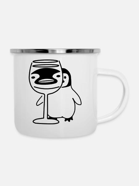 Pinguin hinter Weinglas - Emaille-Tasse - Weiß