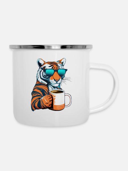 Tiger liebt Kaffee - Emaille-Tasse - Weiß