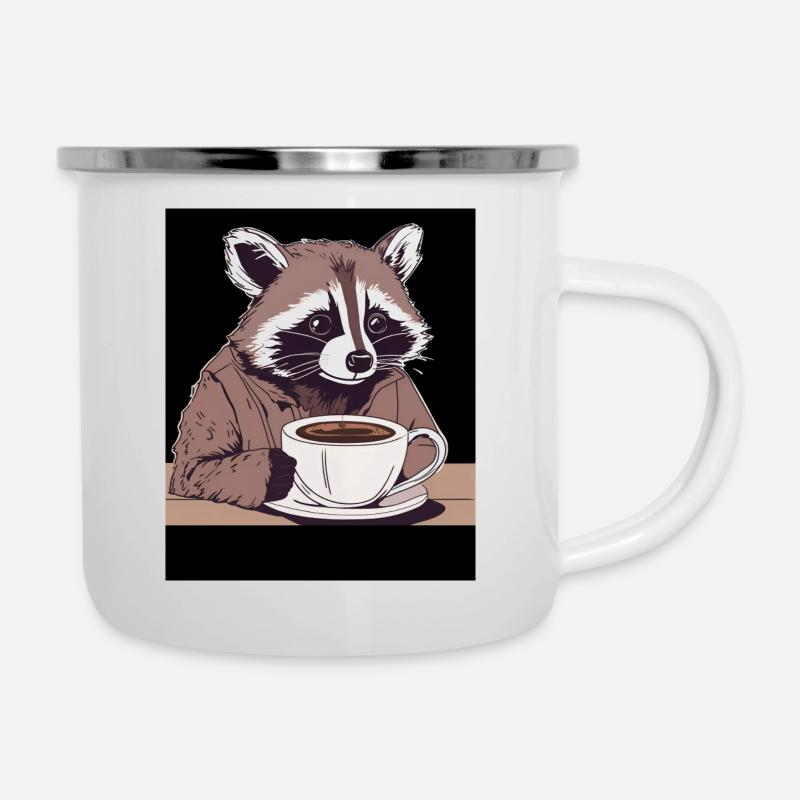 Waschbär mit Kaffee - Emaille-Tasse - Weiß