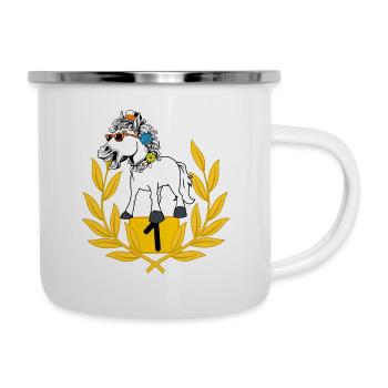 lustig spaßig Siegerehrung Pferd Pferde Reiterin - Emaille-Tasse - Weiß - Rechts