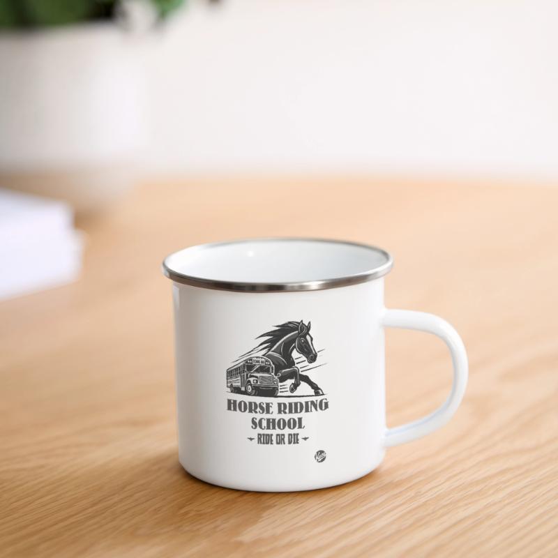 Reitschule "Reite oder Stirb", ein Pferde-Motiv Emaille-Tasse