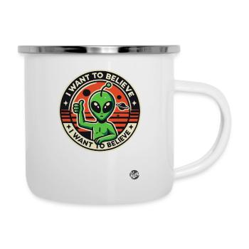 Grüner Alien: Daumen Hoch, Ich Will Glauben - Emaille-Tasse - Weiß - Rechts