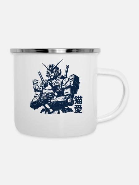 Mecha mit Katzen Freund - Emaille-Tasse - Weiß