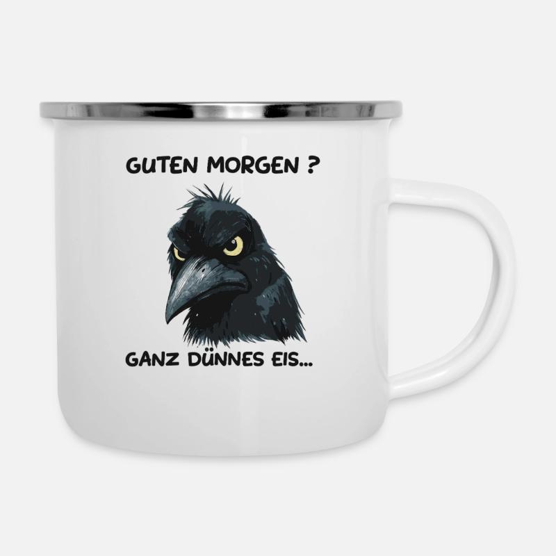 Rabe mit Warnung: Ganz dünnes Eis - Emaille-Tasse - Weiß