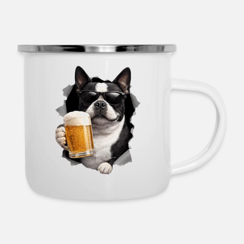 Boston Terrier Bier - Emaille-Tasse - Weiß