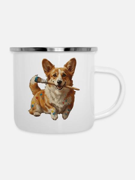 Corgi-Künstler mit Pinsel - Emaille-Tasse - Weiß
