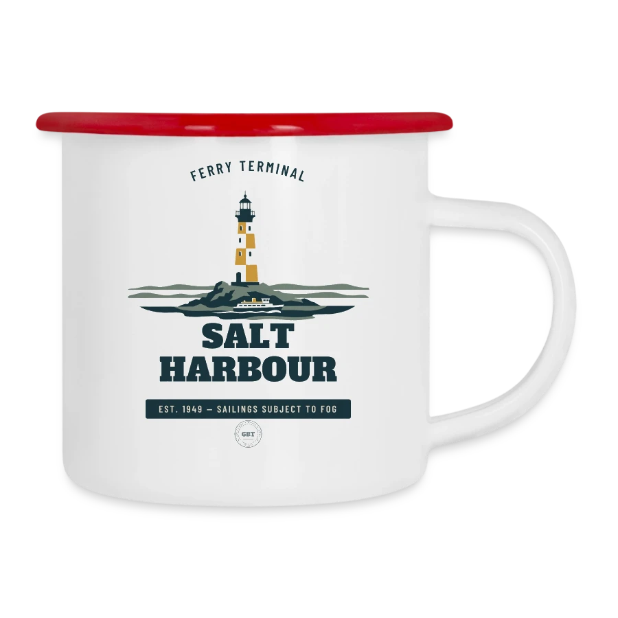 Salt Harbour badge on a camper mug, white/red
