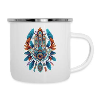 Spirituelle Hamsa Hand Mandala Federn - Emaille-Tasse - Weiß - Rechts