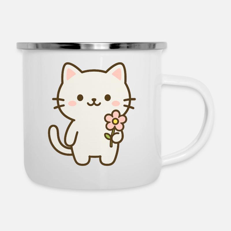 Chat mignon avec fleur - Tasse émaillée - blanc
