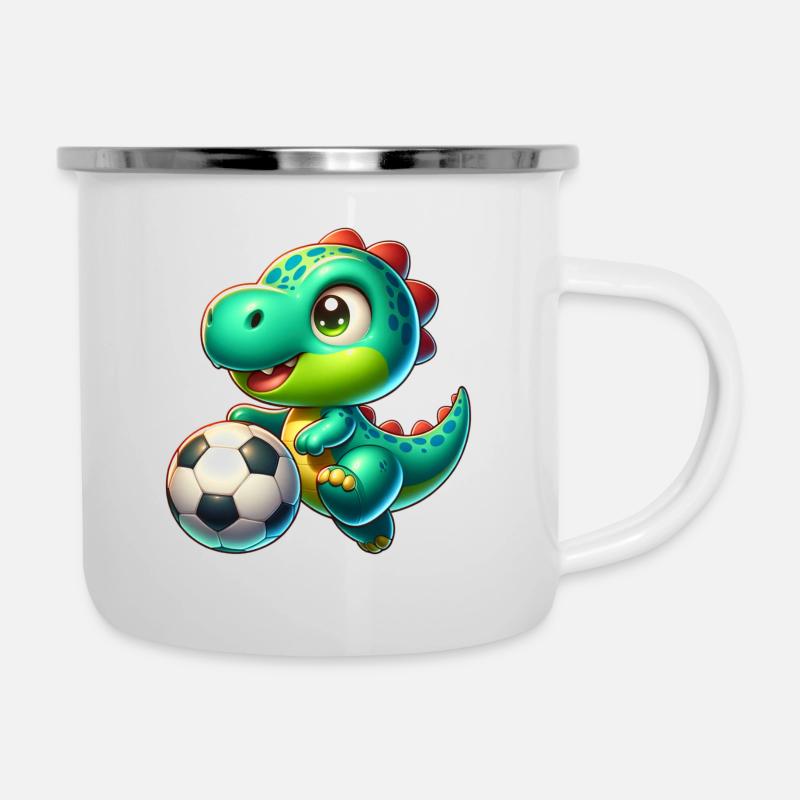 Söpö dino pelaa jalkapalloa - Emalimuki - valkoinen