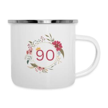 Zahl 90, Niedlicher Blumenkranz - Emaille-Tasse - Weiß - Rechts