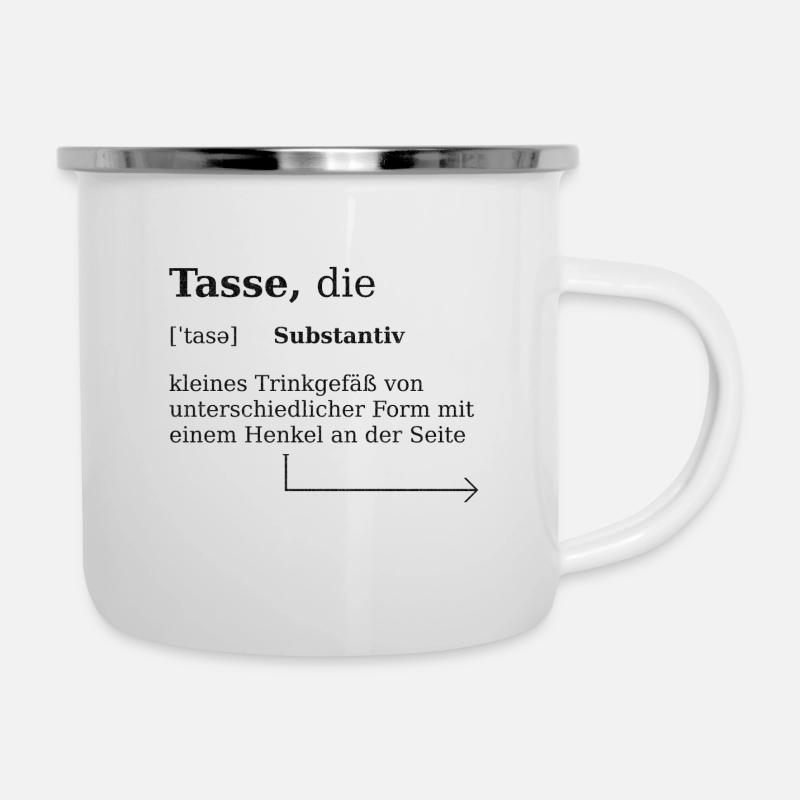 Tasse Duden mit Pfeil - Emaille-Tasse - Weiß