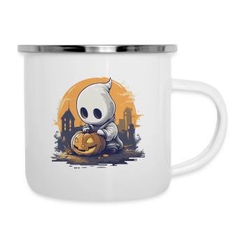 Süßes Gespenst mit Halloween-Kürbis - Emaille-Tasse - Weiß - Rechts