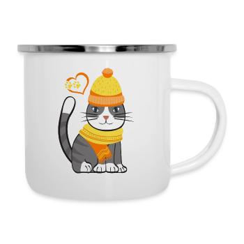 Chat avec écharpe et casquette - jaune orange - Tasse émaillée - blanc - Droite