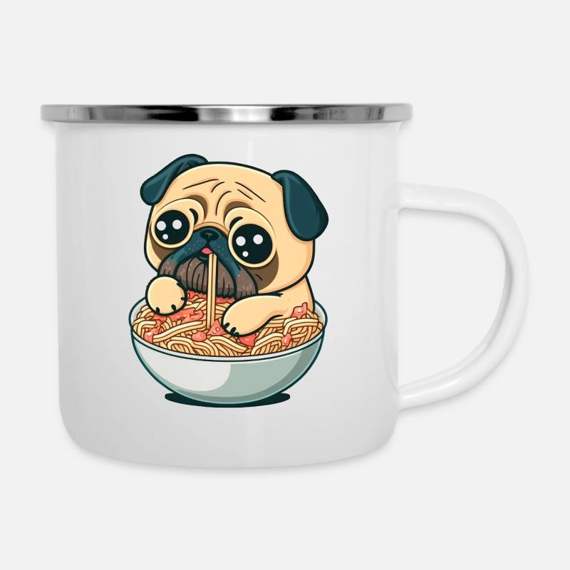 Süßer Cartoon Mops sitzt in einer Schüssel Ramen - Emaille-Tasse - Weiß