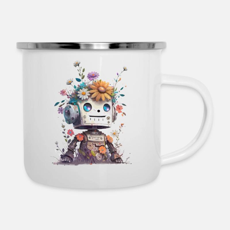 Petit robot avec des fleurs - Tasse émaillée - blanc