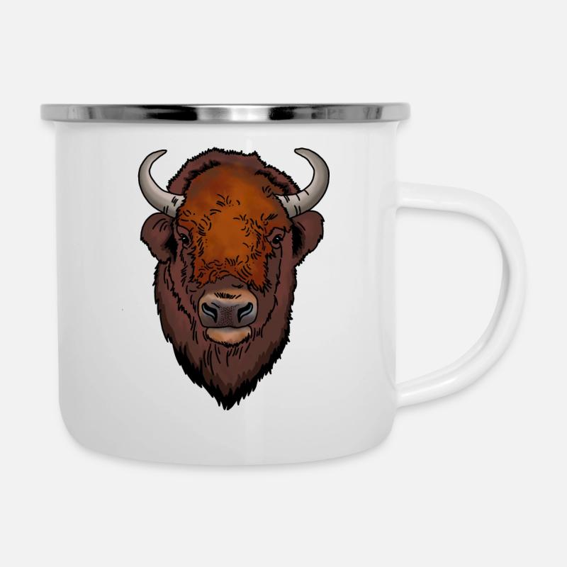 Bison Kopf - Emaille-Tasse - Weiß