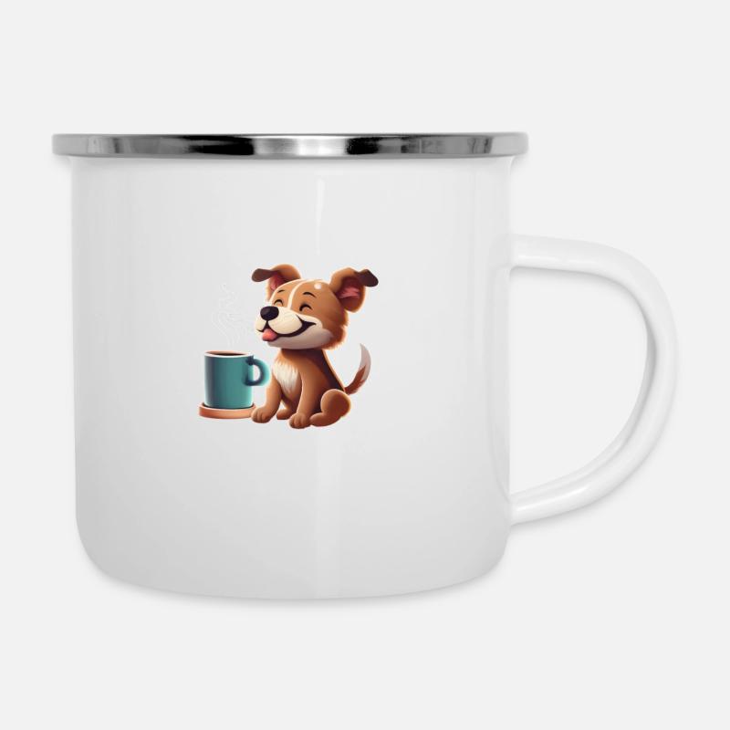 Süßer Hund mit Kaffeetasse - Emaille-Tasse - Weiß
