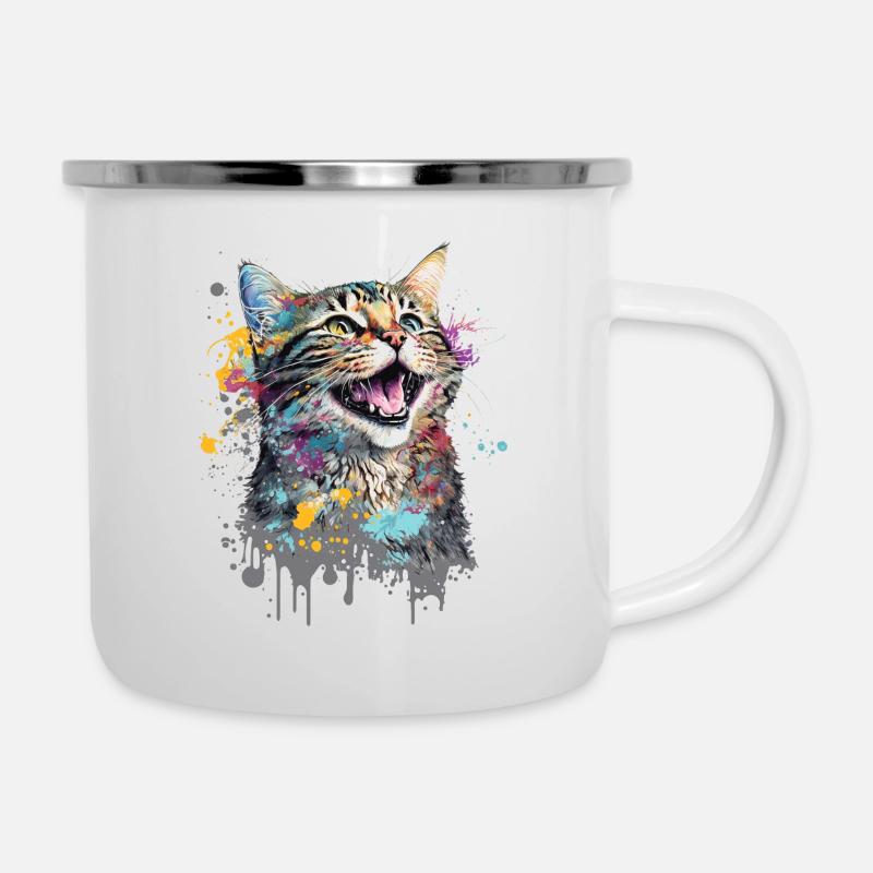 lachende Katze - Emaille-Tasse - Weiß