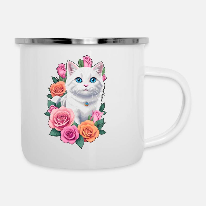 Katze mit Rosen - Emaille-Tasse - Weiß