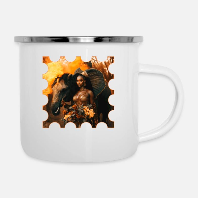Frau mit Elefant Design - Emaille-Tasse - Weiß