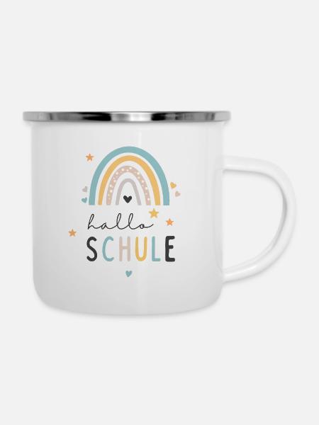 Schulkind 2024 Regenbogen - hallo Schule - Emaille-Tasse - Weiß