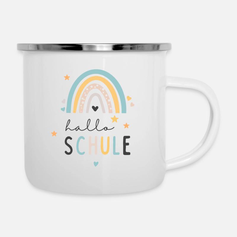 Schulkind 2024 Regenbogen - hallo Schule - Emaille-Tasse - Weiß