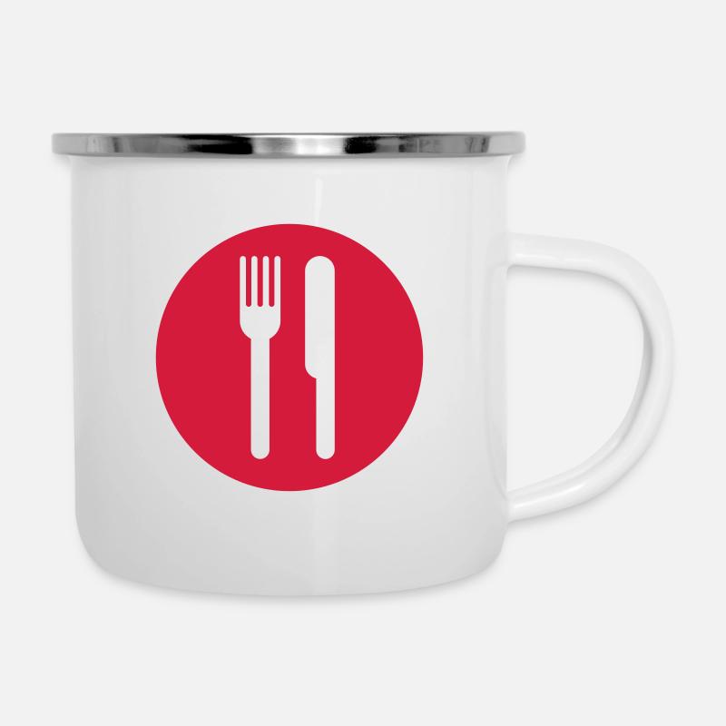 Gabel und Messer - Emaille-Tasse - Weiß