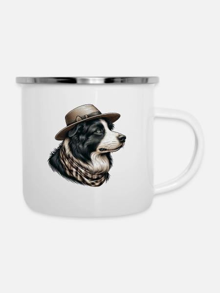 Border Collie mit Strohhut - Emaille-Tasse - Weiß