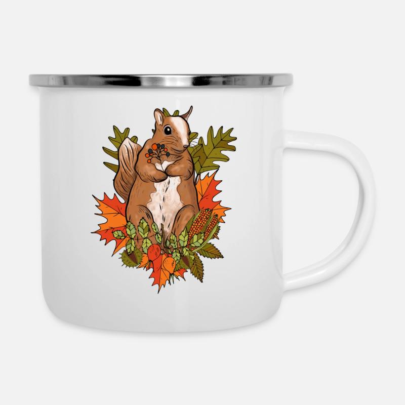 Eichhörnchen mit Herbstlaub - Emaille-Tasse - Weiß