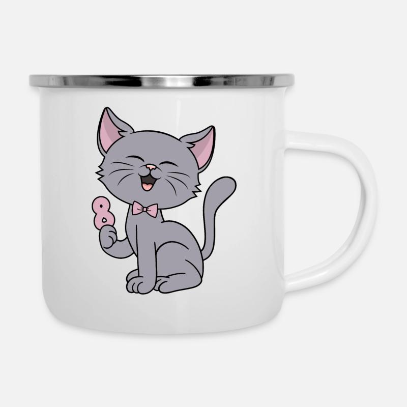 8 Jahre alt Mädchen lustige Katze 8. Geburtstag - Emaille-Tasse - Weiß
