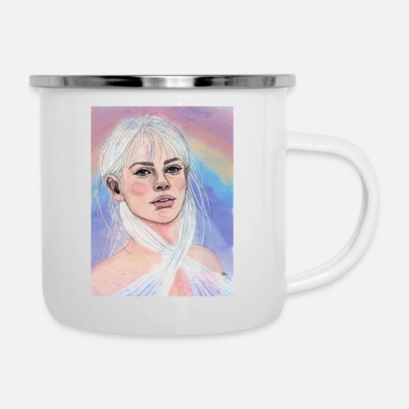 Frau mit Regenbogen - Emaille-Tasse - Weiß