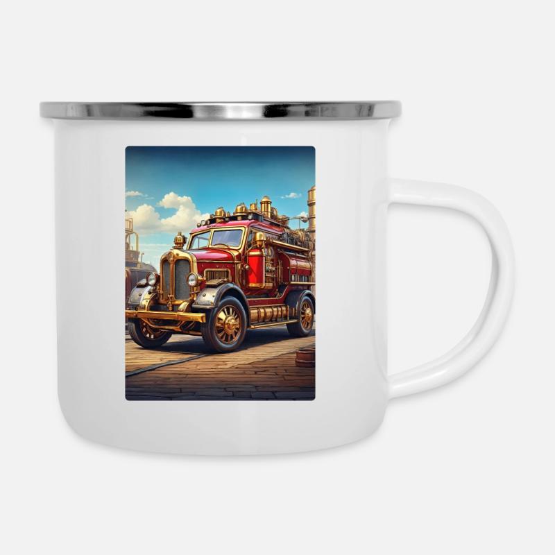 Steampunk Fire Truck 1.24 - Emaille-Tasse - Weiß