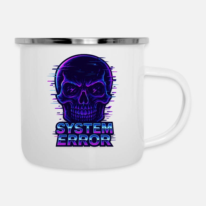 Crâne Neon Glitch avec texte d’erreur système - Tasse émaillée - blanc