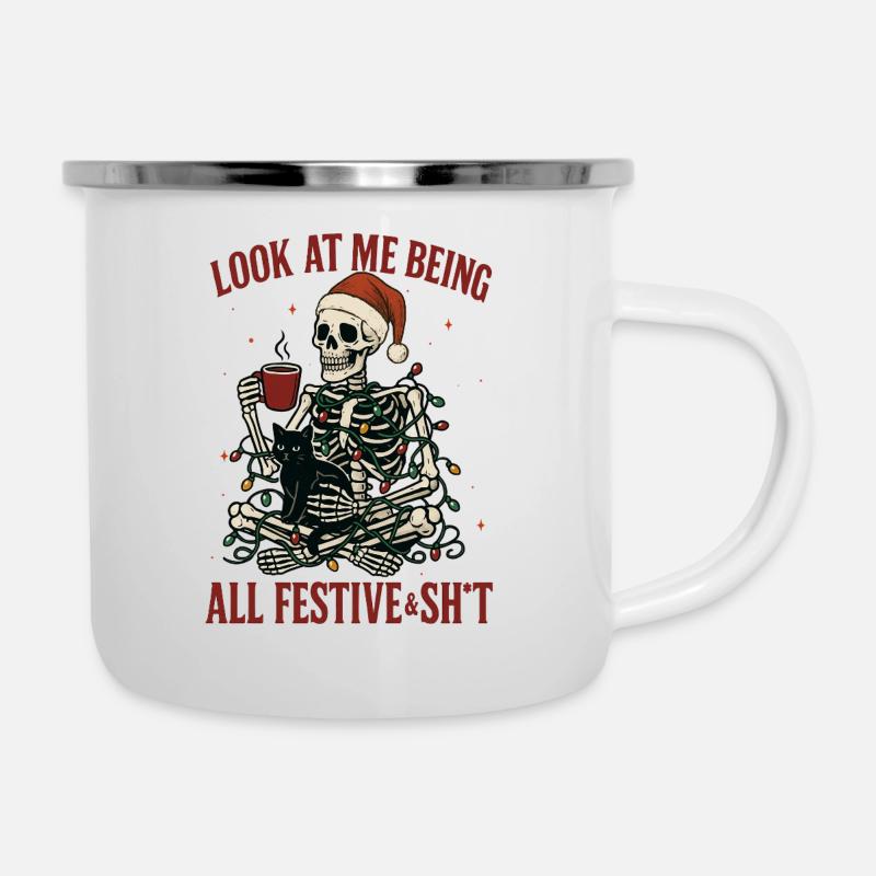Festliche Skelett Katzen Lichter - Emaille-Tasse - Weiß