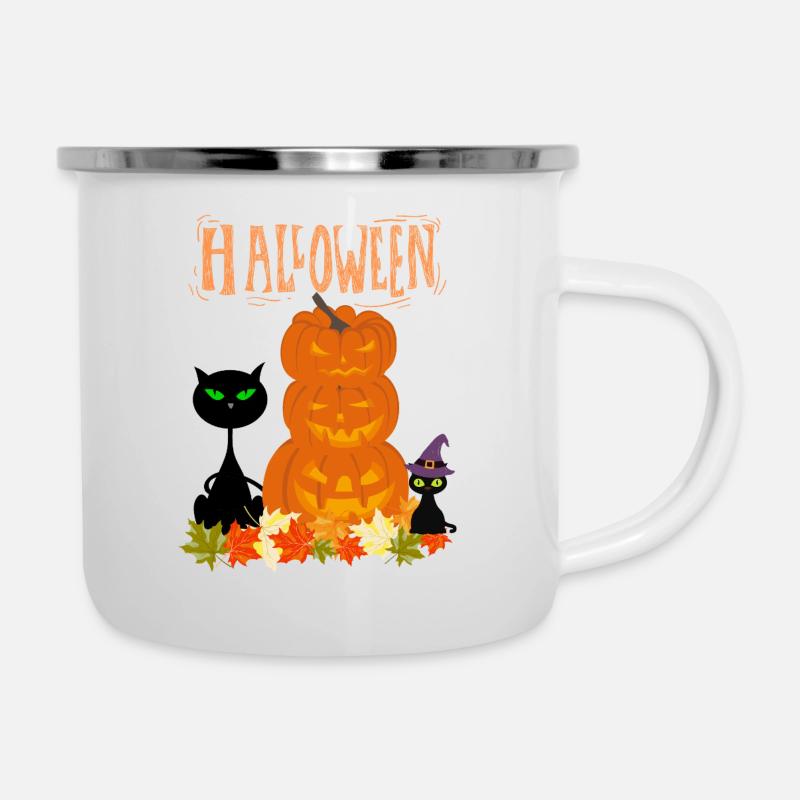 Halloween Stack Pumpkins Cat - Emaille-Tasse - Weiß