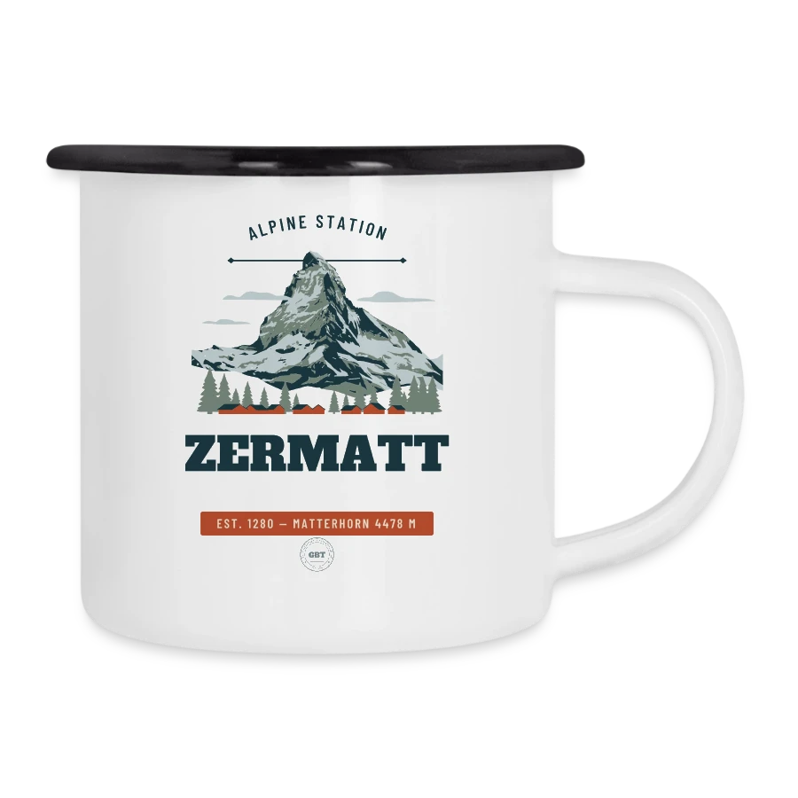 Zermatt badge on a camper mug, white/black