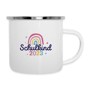 Schulkind 2023 / Ich bin 1. Klasse / Regenbogen - Emaille-Tasse - Weiß - Rechts