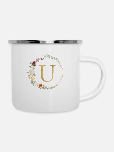 Personalisierbar Monogramm U Floral - Emaille-Tasse - Weiß