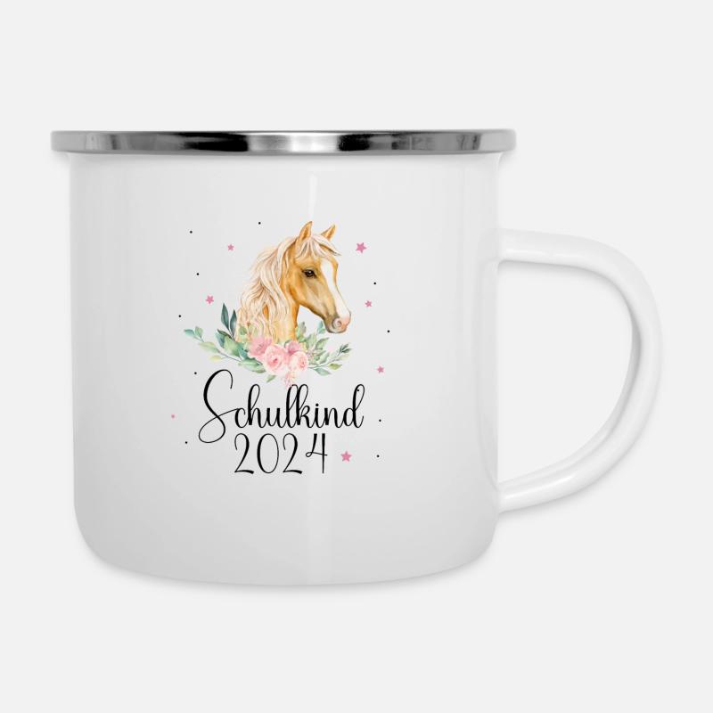 Schulkind 2024 Pferd 1. Klasse Stern Einschulung - Emaille-Tasse - Weiß