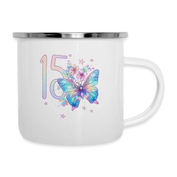 Geburtstag 15 Mädchen Schmetterling Fünfzehn 15 Ja - Emaille-Tasse - Weiß - Rechts