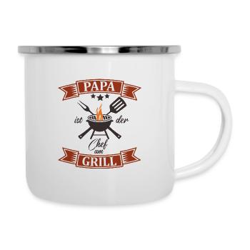 Papa ist der Chef am Grill - Grillen Vatertag - Emaille-Tasse - Weiß - Rechts