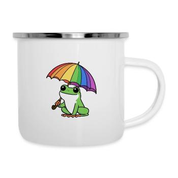 Comic Wetterforsch Frosch Kröte mit Regenschirm - Emaille-Tasse - Weiß - Rechts