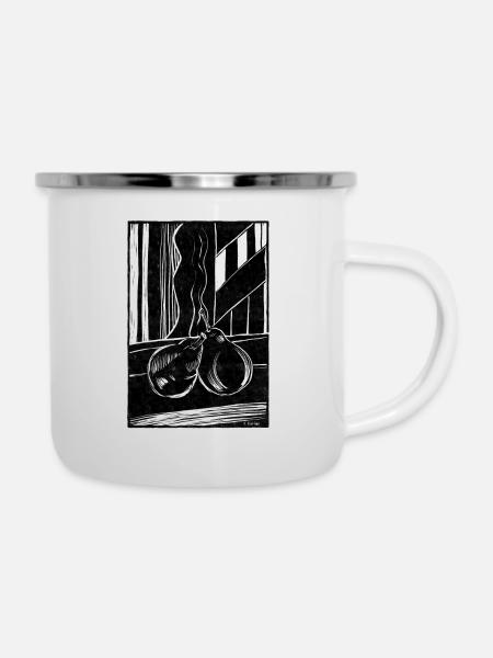Linolschnitt Birne schwarz-weiß - Emaille-Tasse - Weiß